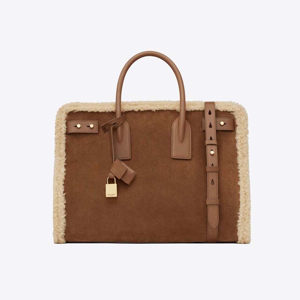 Front view of Saint Laurent YSL Women Sac De Jour Supple Medium in brown suede