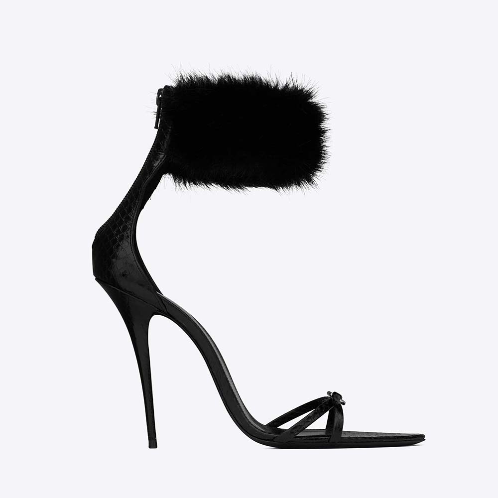 Side angle of Saint Laurent YSL Women Satine Sandals in Lacquered Ayers-Black
