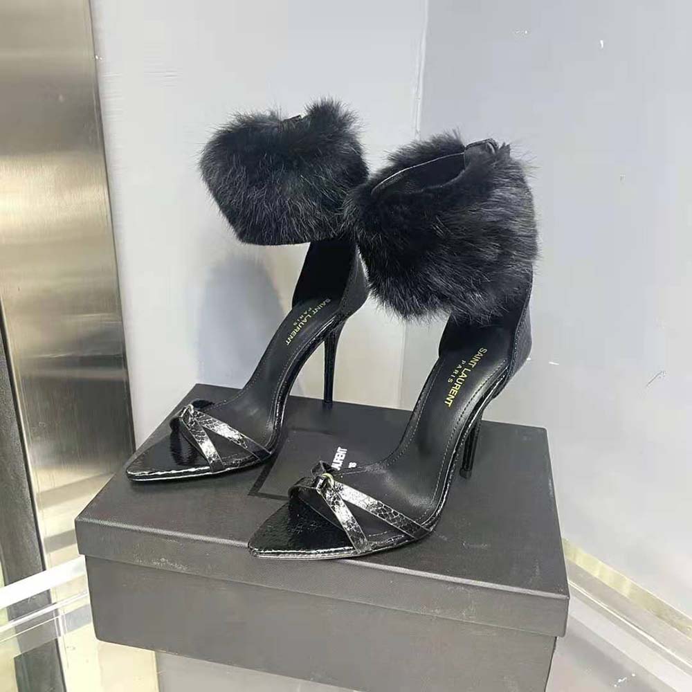 Rear view showcasing heel height of Saint Laurent YSL Women Satine Sandals