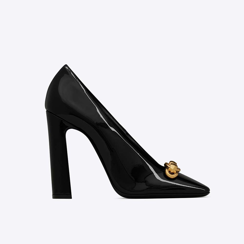 Side view of Saint Laurent YSL Women Silvana Pumps in black patent leather