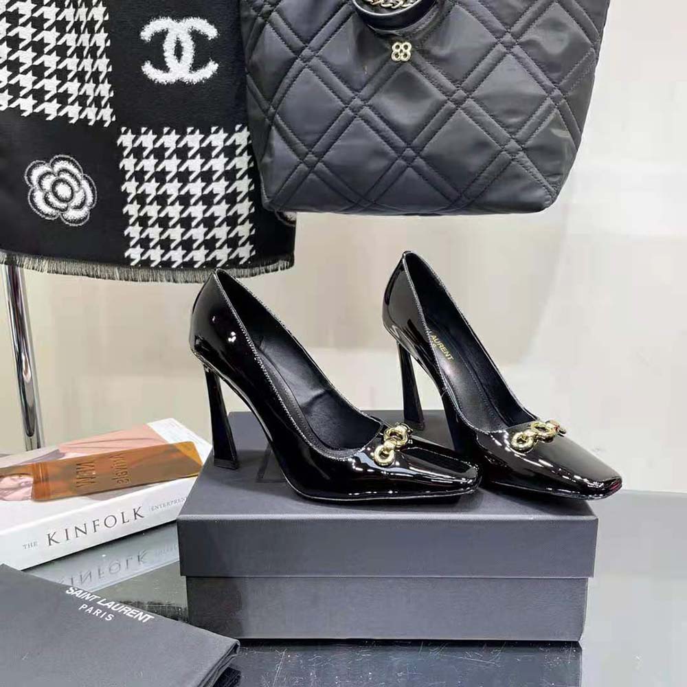 Top-down angle showcasing buckle closure on Saint Laurent Silvana Pumps