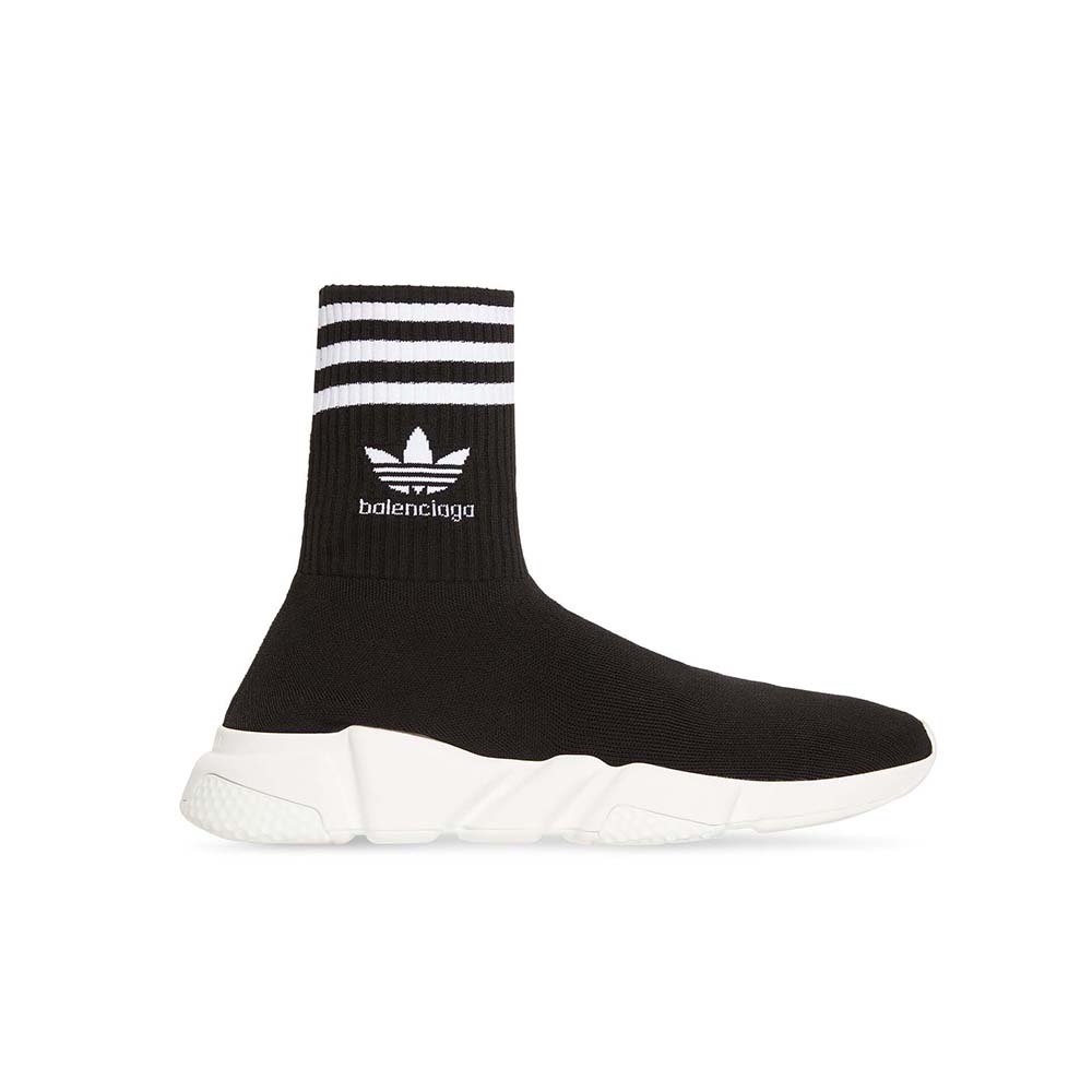 Front angle of Balenciaga Unisex Adidas Speed Sneaker black knit and white sole