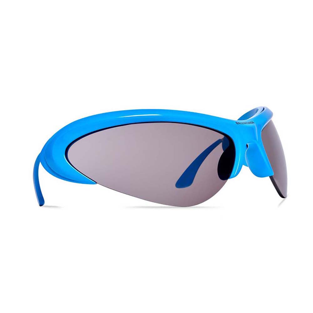 Close-up of turquoise-blue lens and wireframe of Balenciaga Women Wire Cat Sunglasses