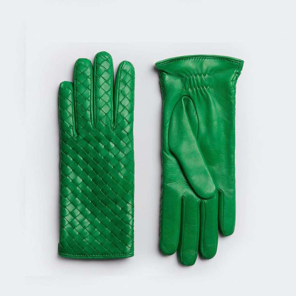 Front view of Bottega Veneta Women Intrecciato Leather Gloves-Green