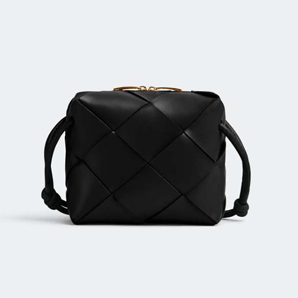Front view of Bottega Veneta Women Mini Cassette Camera Bag-Black showing intrecciato weave