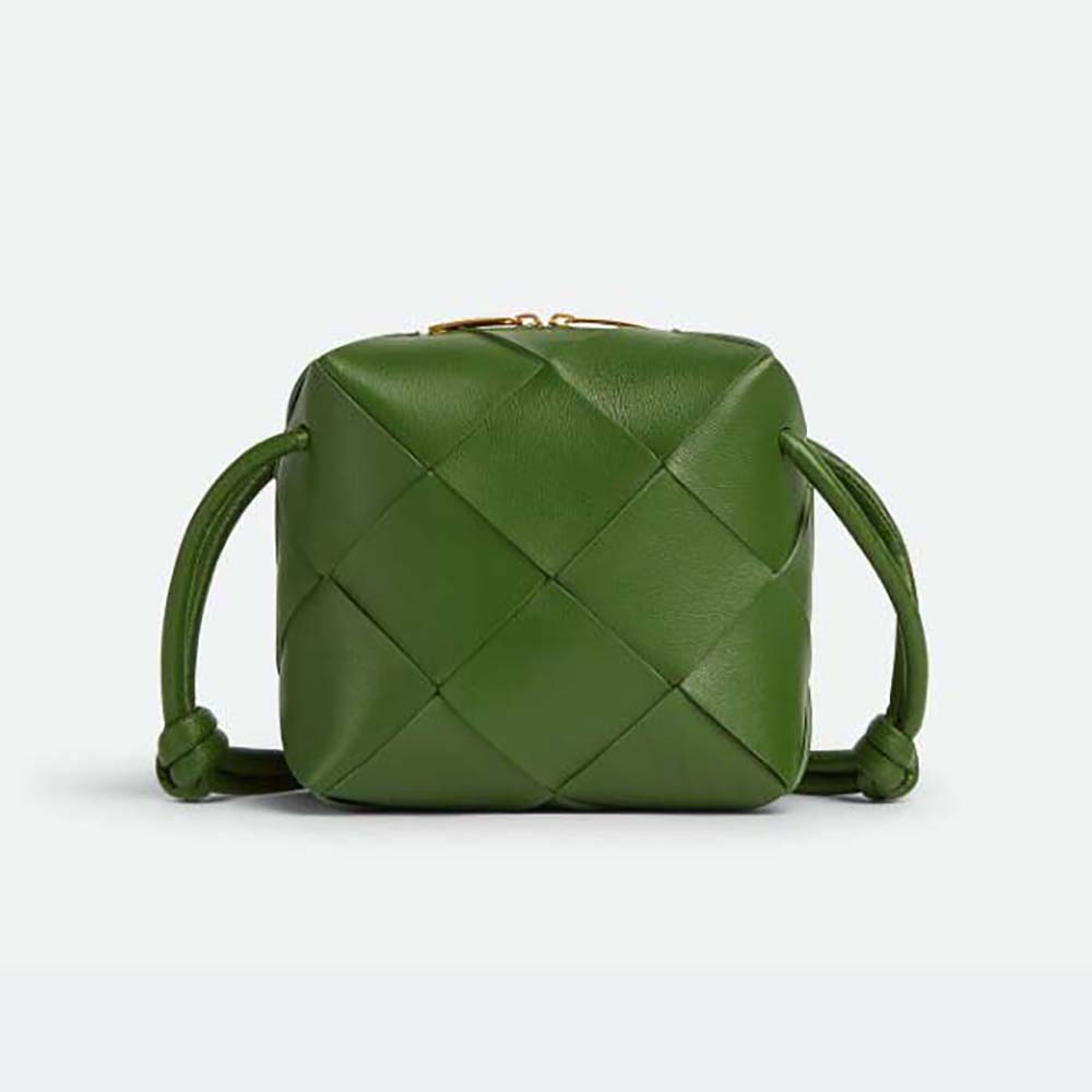 Front view of Bottega Veneta Women Mini Cassette Camera Bag-Green showing flap closure