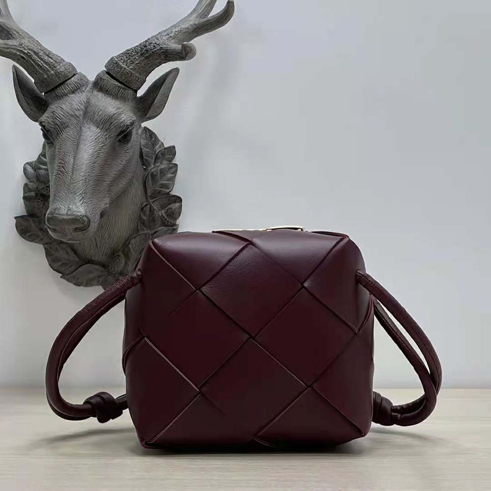 Close-up of gold-tone hardware and magnetic flap on Bottega Veneta camera bag maroon