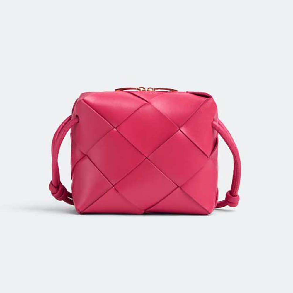 Front view of Bottega Veneta Women Mini Cassette Camera Bag-Rose with flap closed