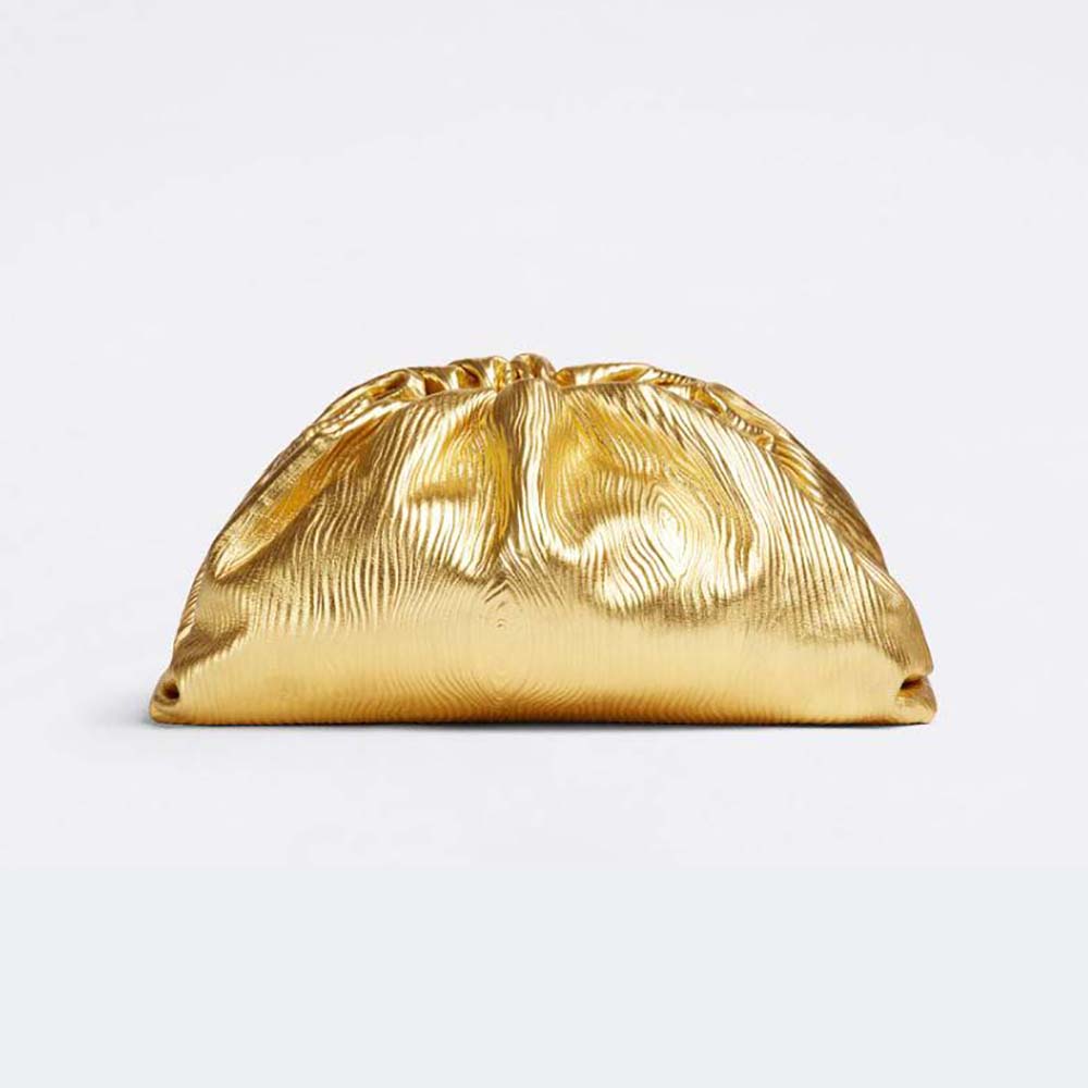Front view of Bottega Veneta Women Pouch Metalized Leather Clutch-Gold