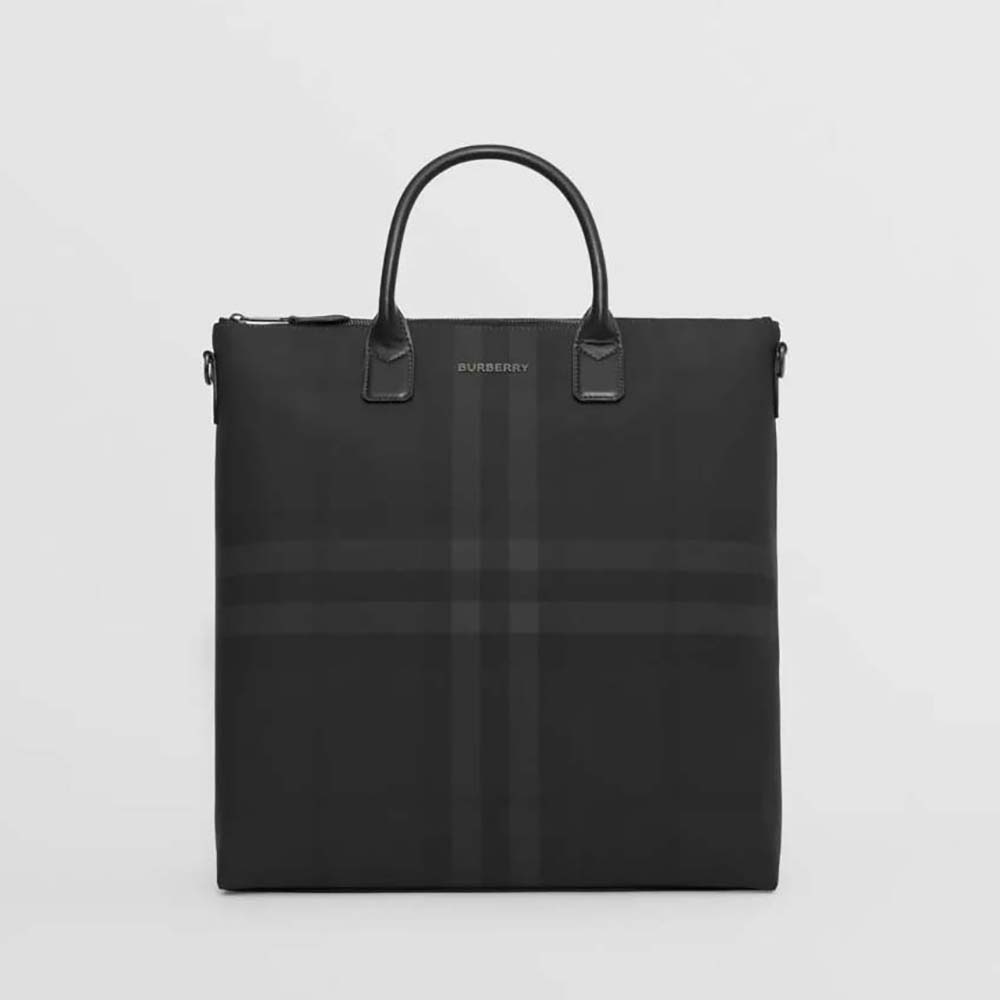 Front view of Burberry Men Charcoal Check and Leather Tote-Black showing check pattern