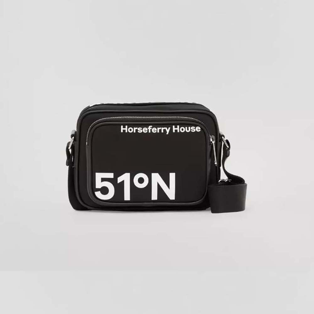 Front view of Burberry Men Coordinates Print Nylon Crossbody Bag-Black with zip detail