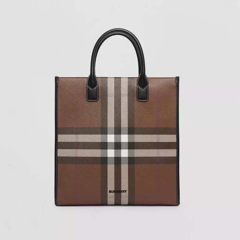 Front view of Burberry Men Exaggerated Check and Leather Slim Tote-Brown