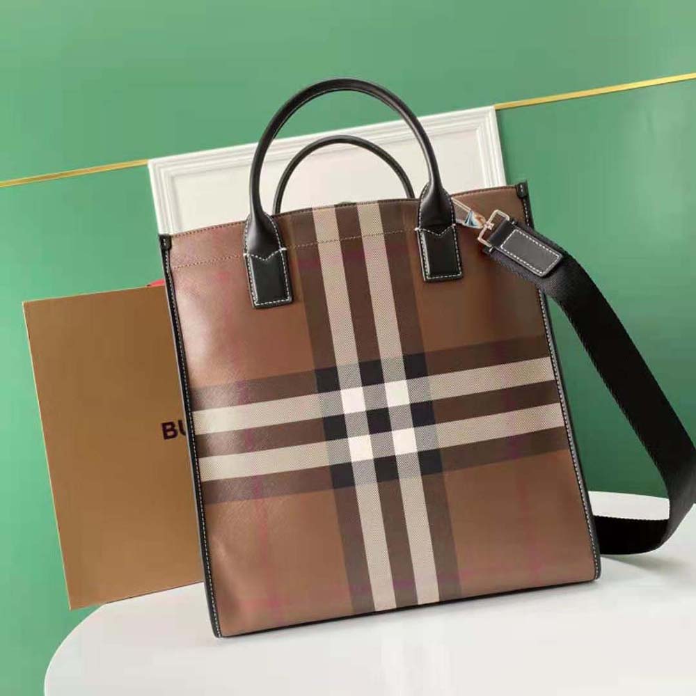 Burberry Men Exaggerated Check and Leather Slim Tote-Brown - image 4