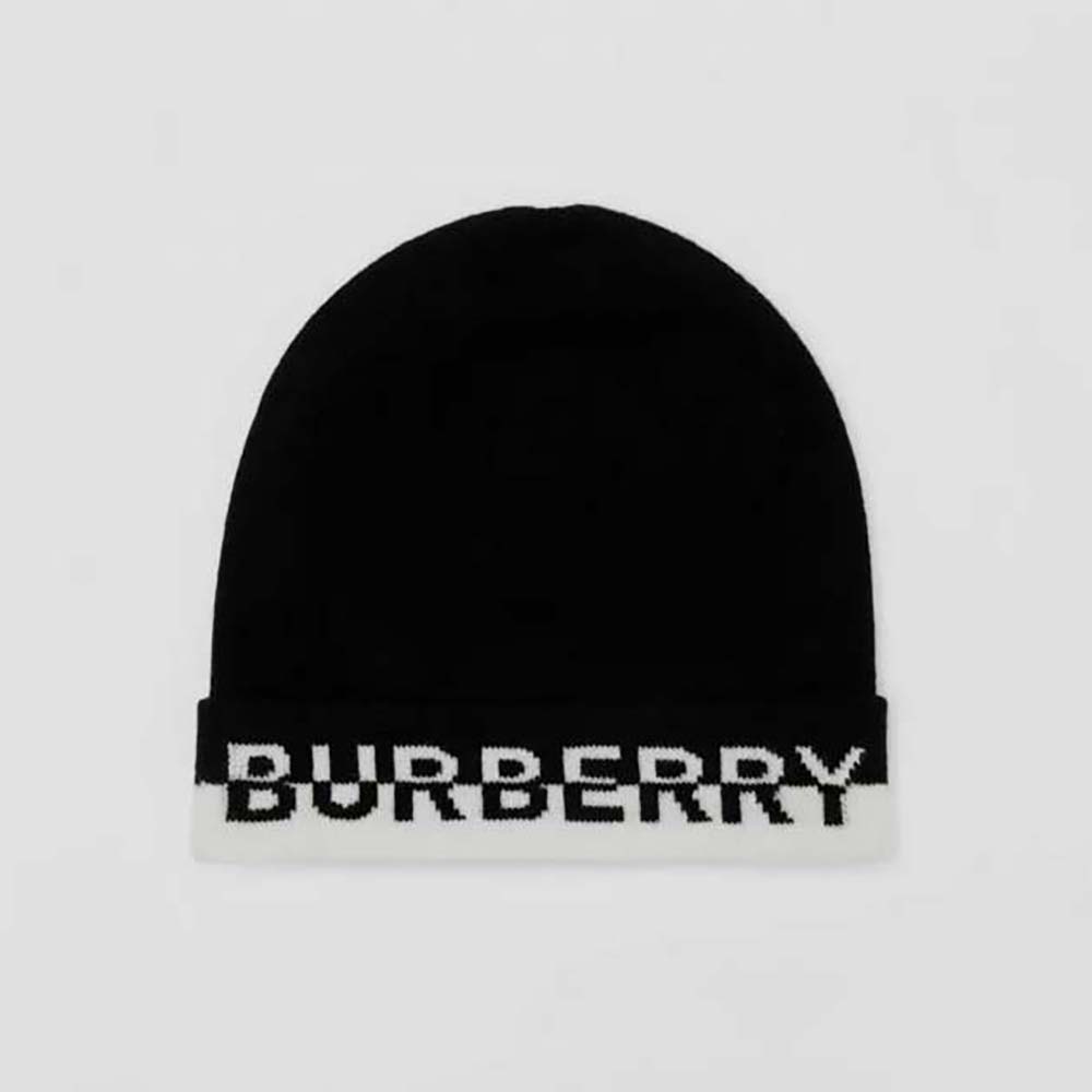Front view of Burberry Unisex Logo Intarsia Cashmere Beanie-Black