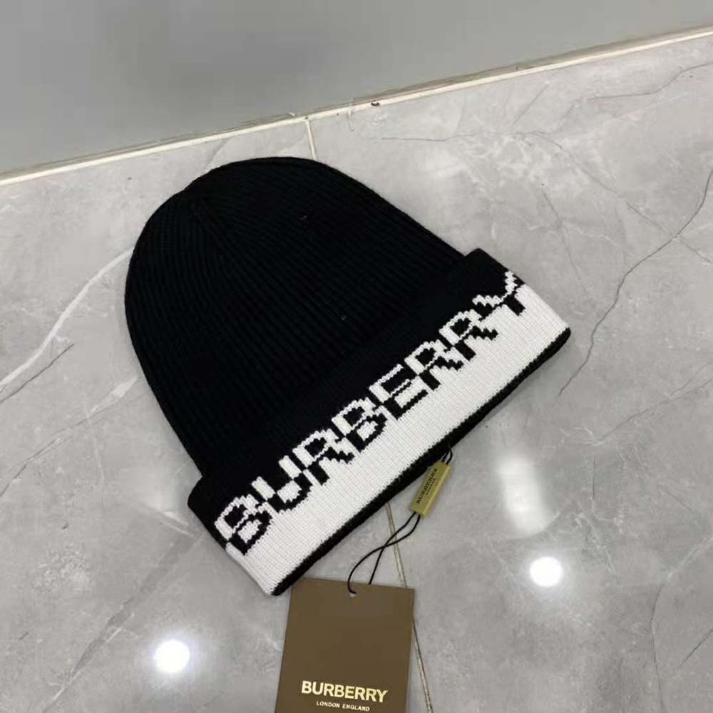 Side angle of Burberry Unisex Logo Intarsia Cashmere Beanie-Black