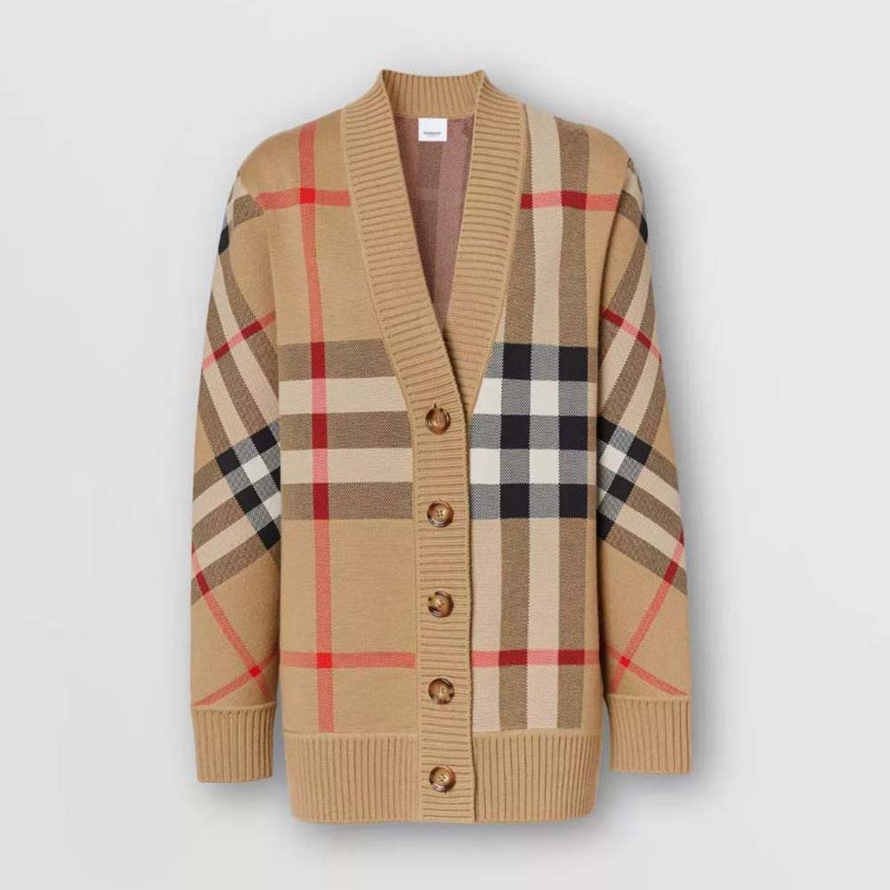 Front view of Burberry Women Check Technical Wool Jacquard Cardigan in brown