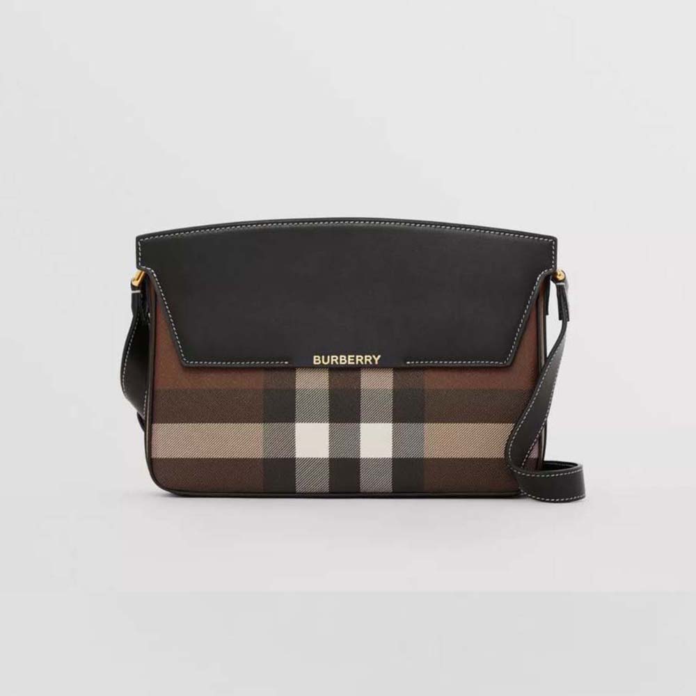Front view of Burberry Women Check and Leather Catherine Shoulder Bag-Black
