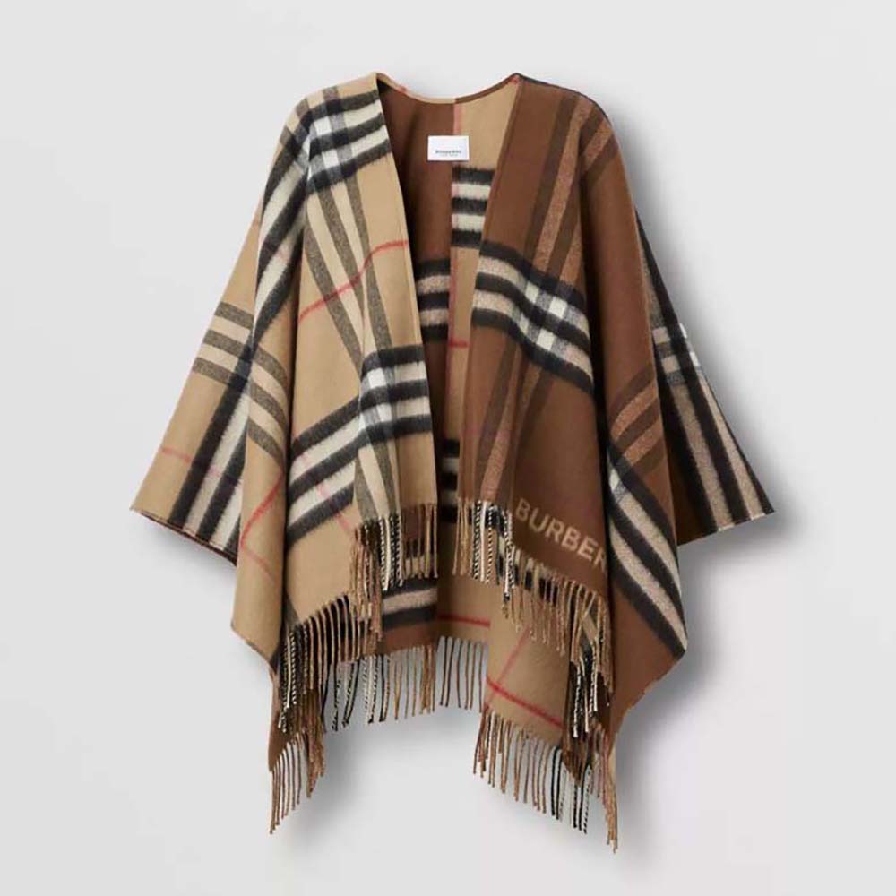 Front view of Burberry Women Contrast Check Wool Cashmere Cape in brown