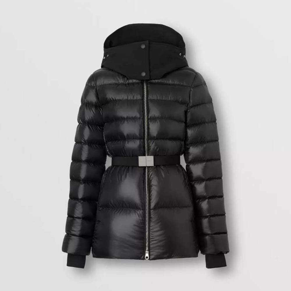 Front view of Burberry Women Contrast Hood Nylon Belted Puffer Jacket in black