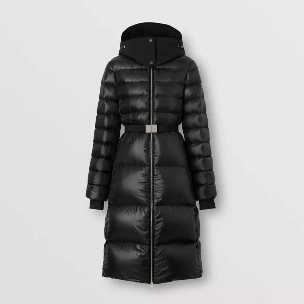 Front view of Burberry Women Contrast Hood Nylon Mid-Length Puffer Coat in black