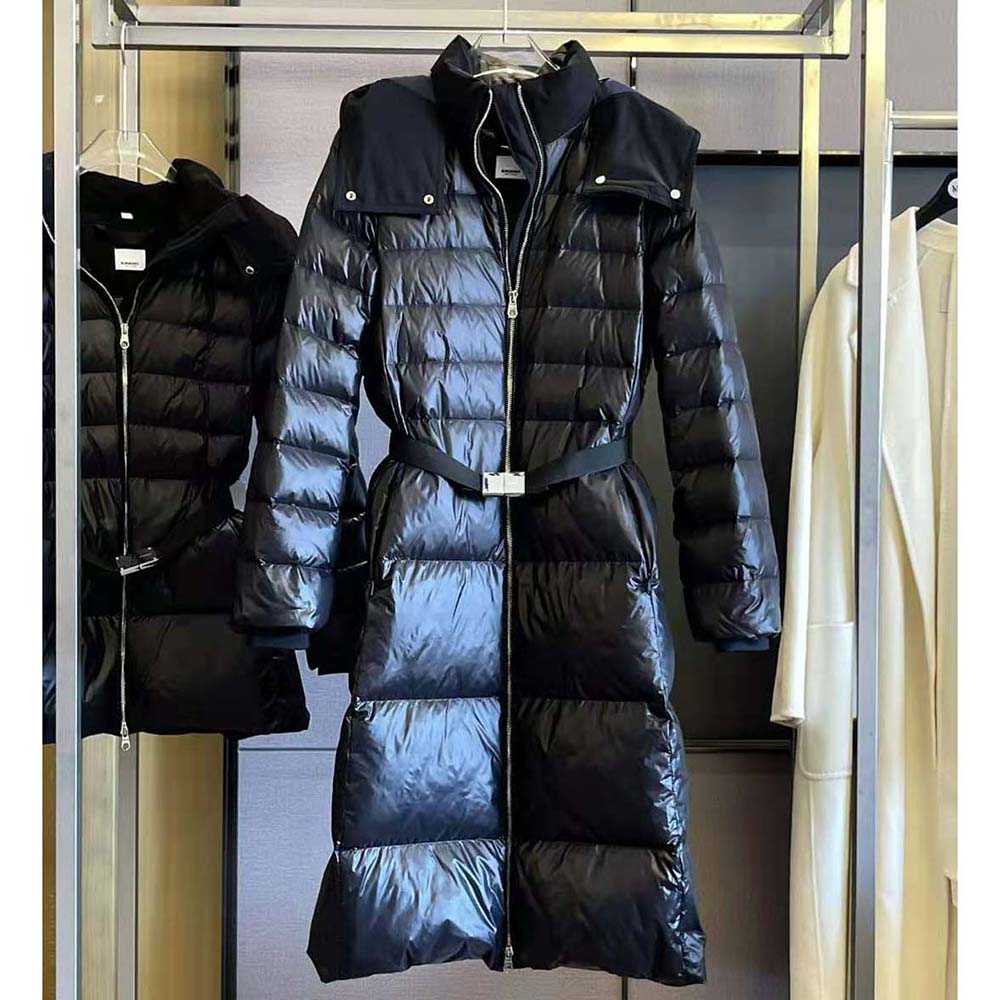 Close-up of contrast hood and branded hardware on Burberry Nylon Puffer Coat