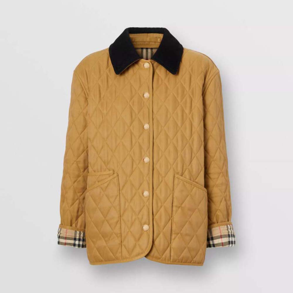 Front view of Burberry Women Corduroy Collar Diamond Quilted Jacket in brown