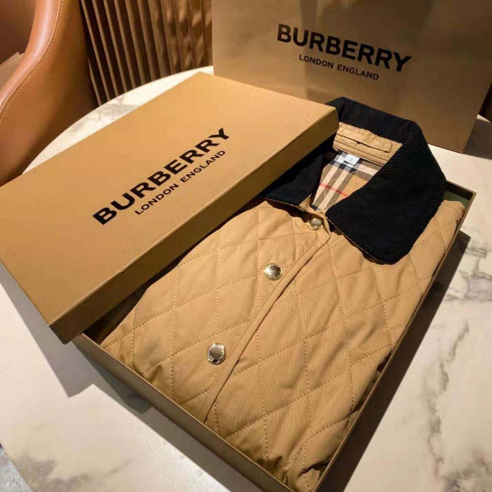 Close-up of diamond quilting and corduroy collar on Burberry jacket