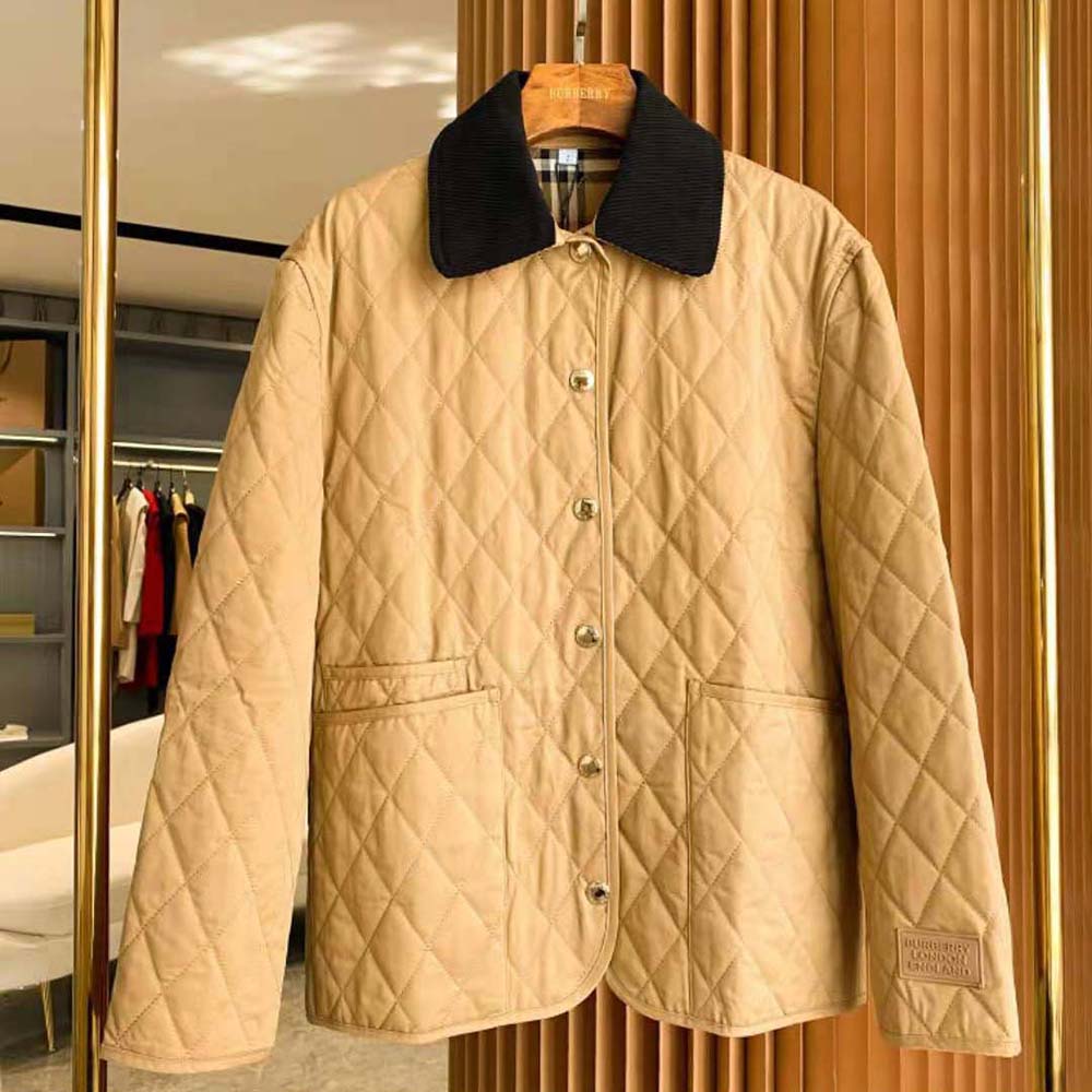 Side profile showcasing tailored fit of Burberry Women Corduroy Collar Jacket