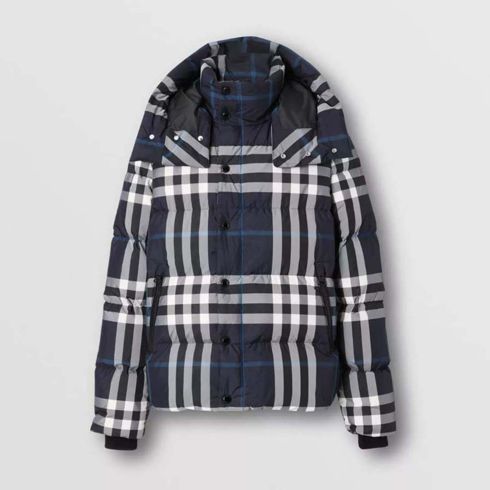 Front view of Burberry Women Detachable Hood Night Check Puffer Jacket in blue