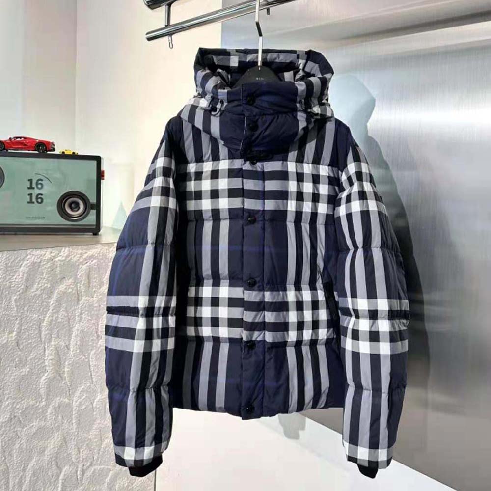 Close-up of signature Night Check lining inside Burberry Women Detachable Hood Puffer