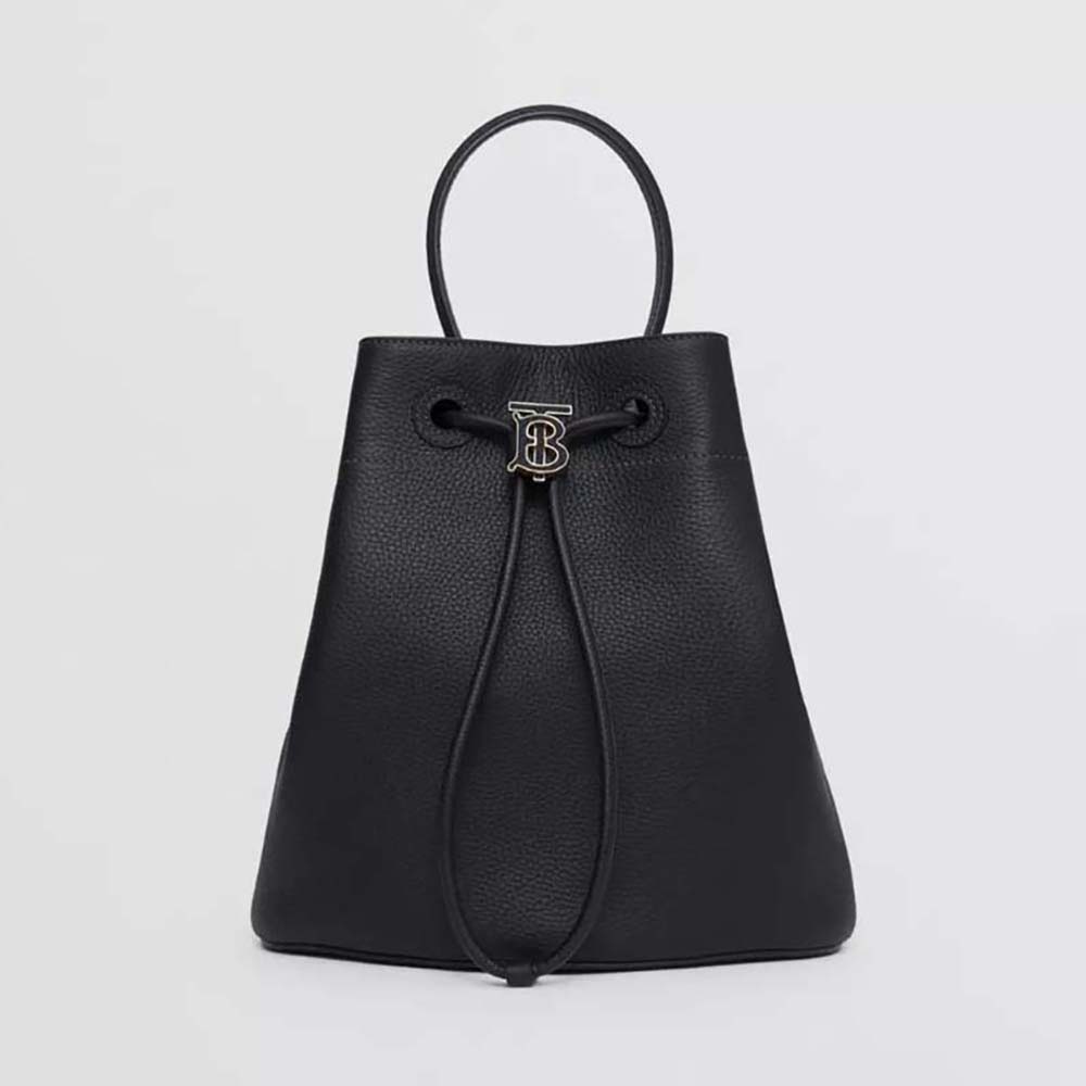 Front view of Burberry Women Grainy Leather Small TB Bucket Bag-Black