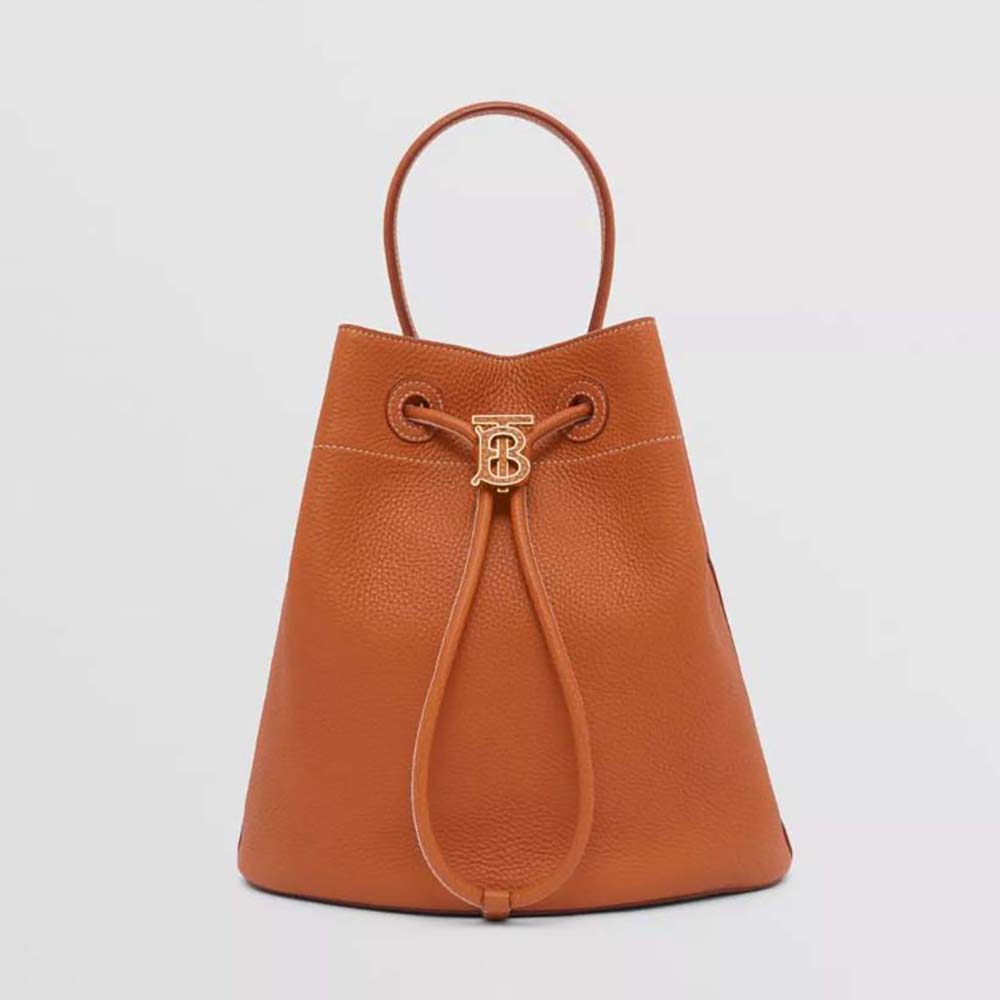 Front view of Burberry Women Grainy Leather Small TB Bucket Bag-Brown