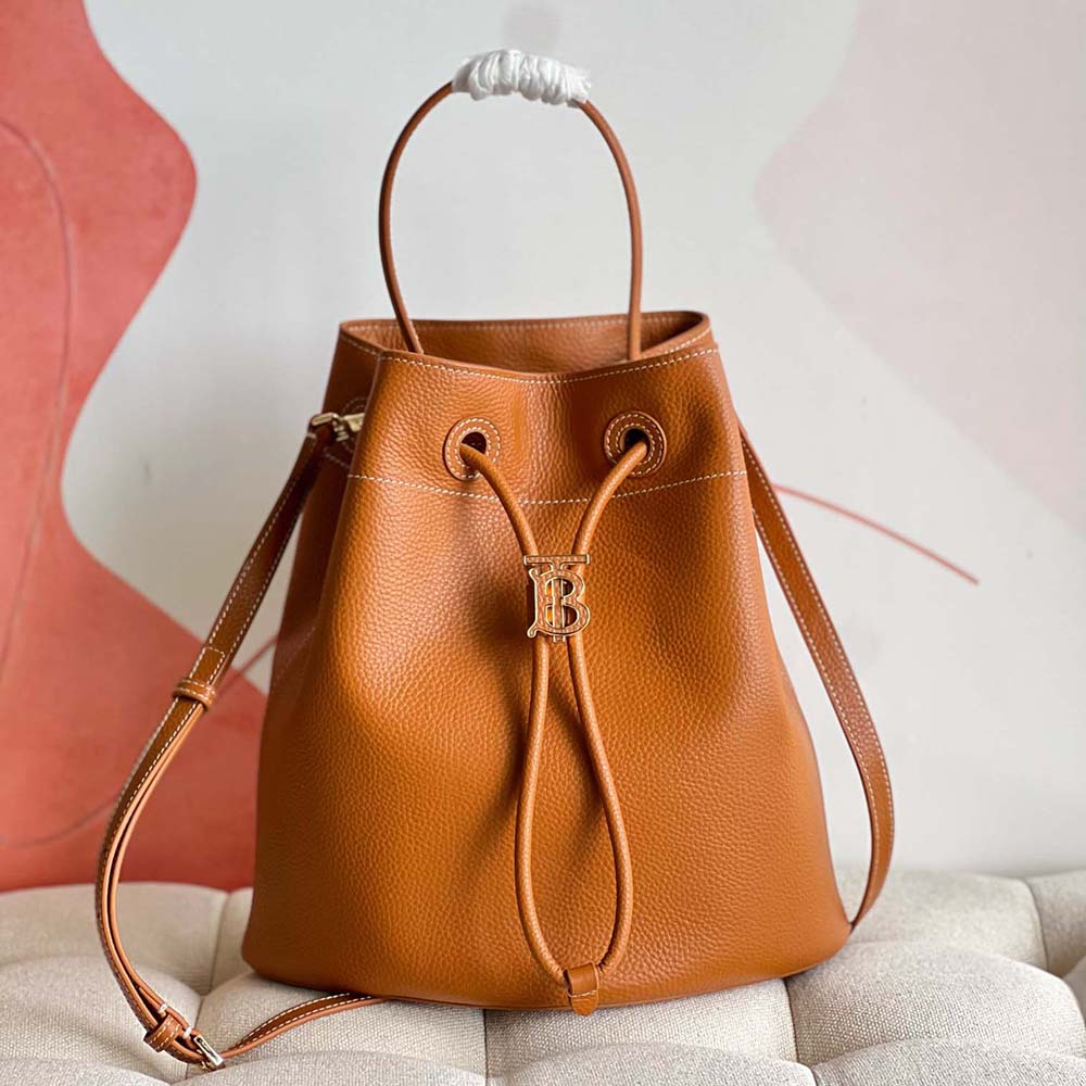 Close-up of gold-tone TB clasp on Burberry bucket bag