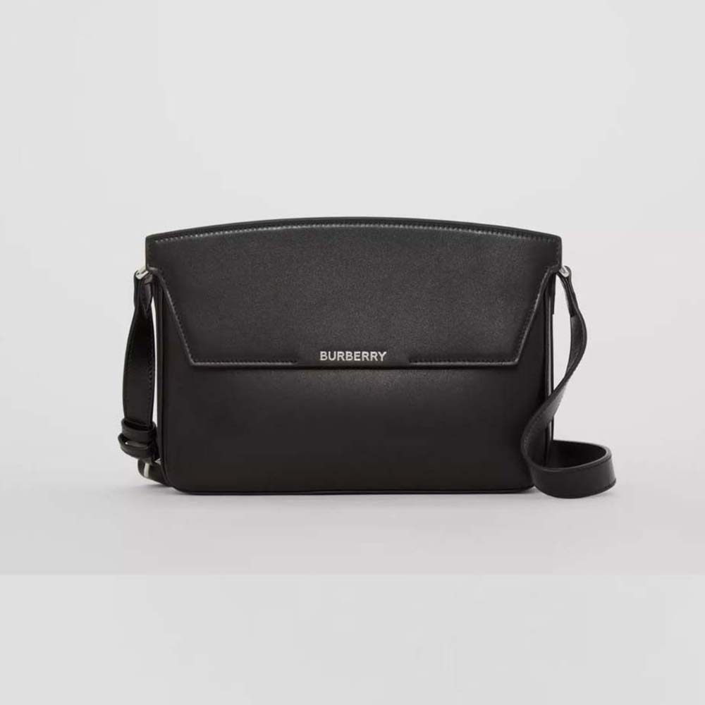 Front view of Burberry Women Leather Catherine Shoulder Bag-Black with flap closed