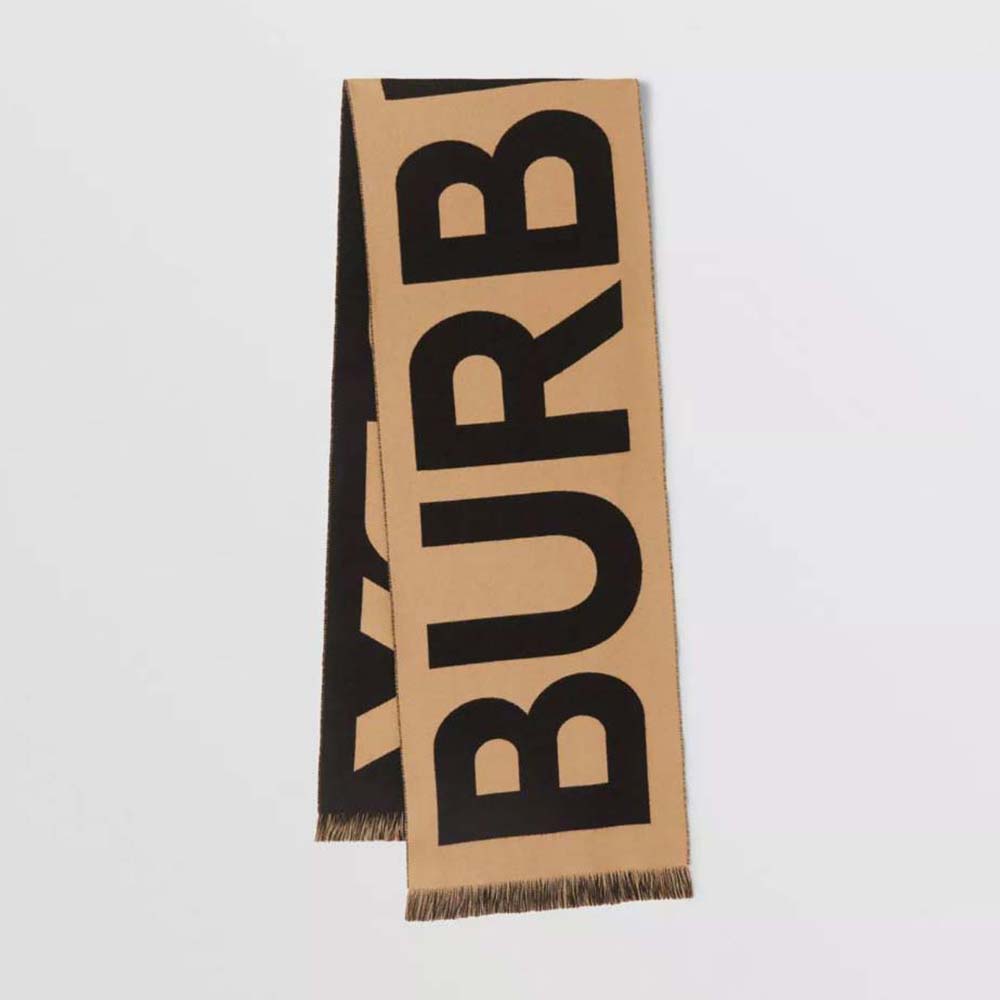 Front view of Burberry Women Logo Wool Jacquard Scarf-Brown draped elegantly