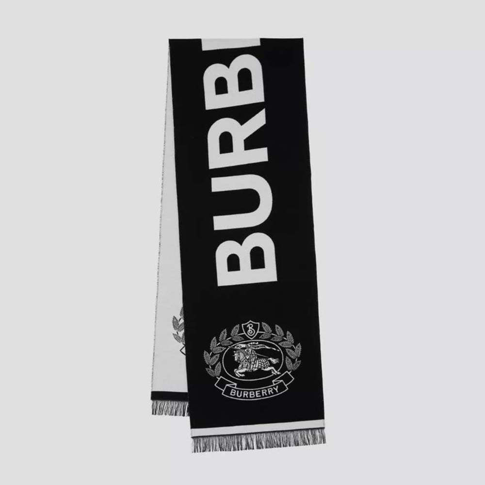 Front view of Burberry Women Logo and EKD Wool Silk Jacquard Scarf-Black neatly folded