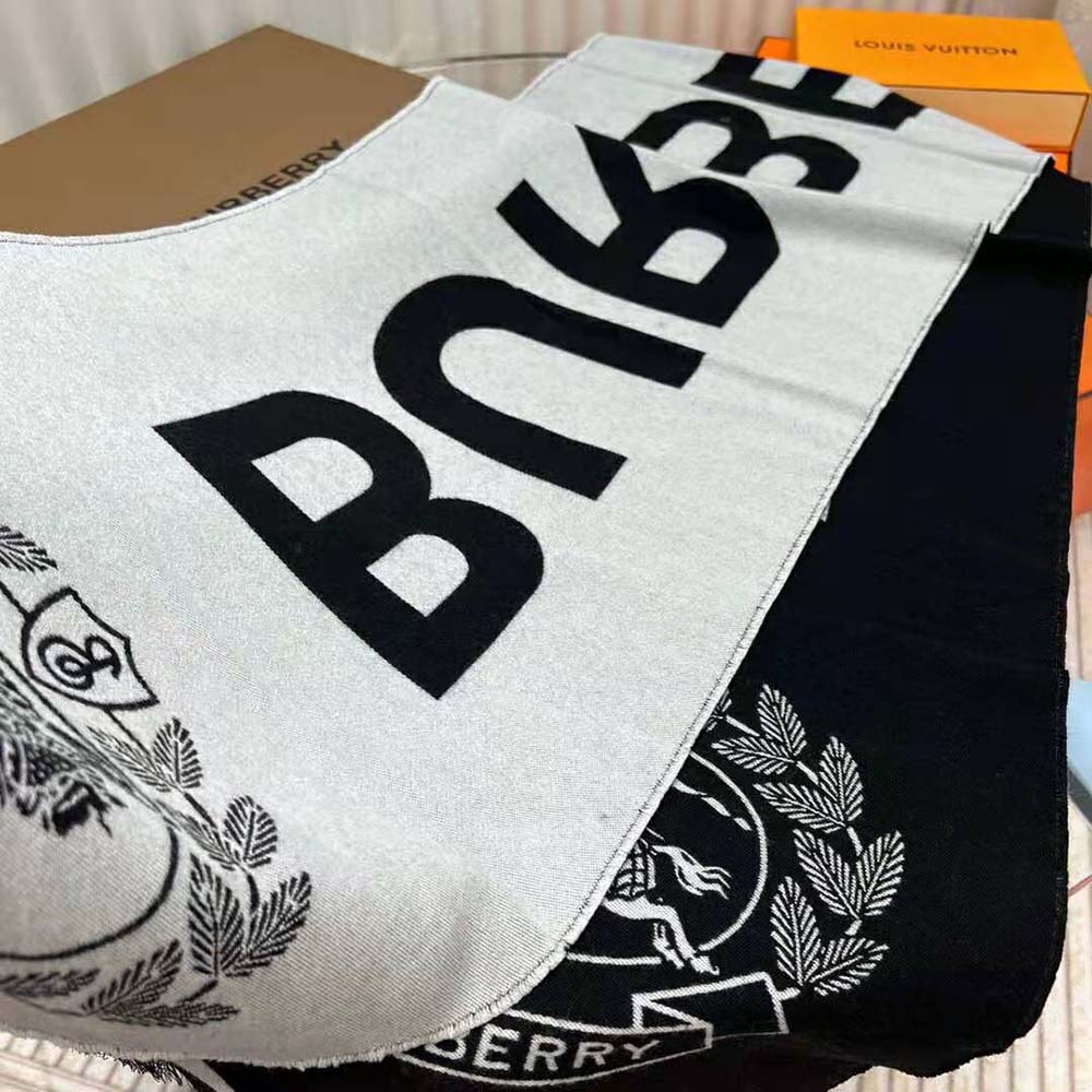 Burberry Women Logo and EKD Wool Silk Jacquard Scarf-Black - image 5