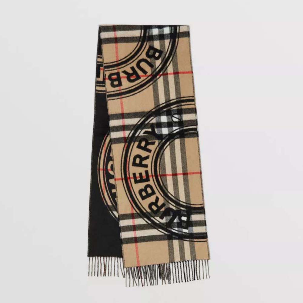 Front view of Burberry Women Montage Print Cashmere Scarf-Black draped elegantly