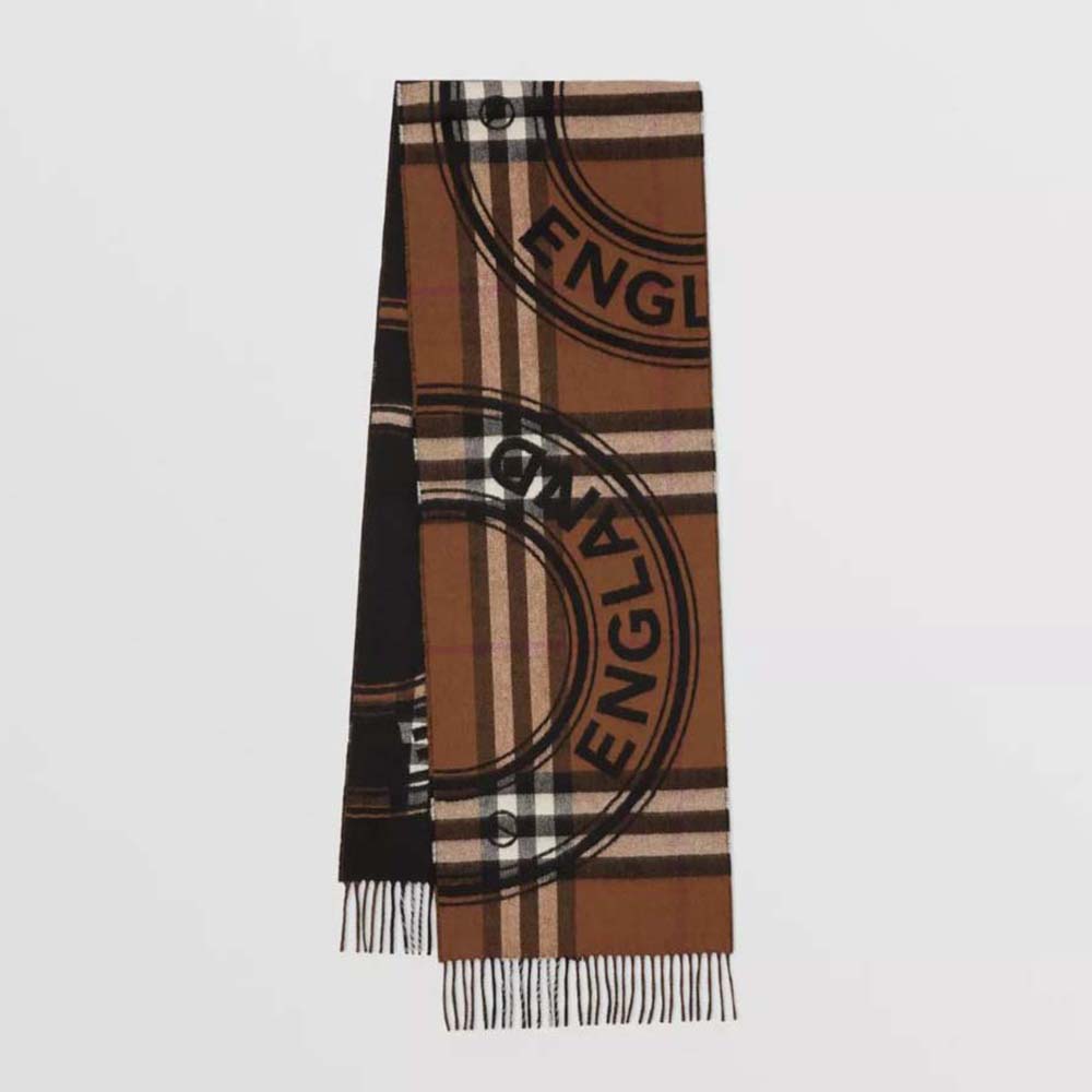 Front view of Burberry Women Montage Print Cashmere Scarf-Brown laid flat