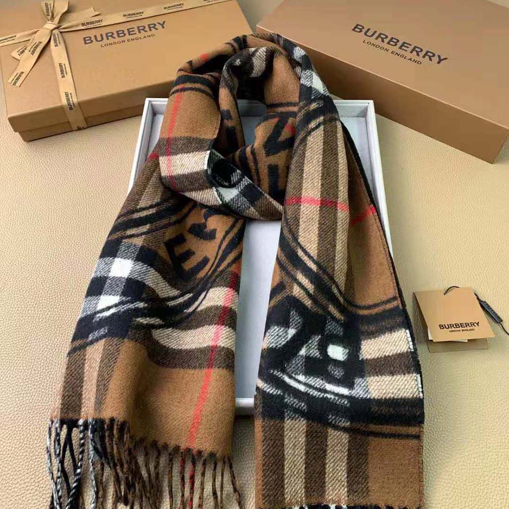 Styled look with Burberry Women Montage Print Cashmere Scarf-Brown draped over shoulders