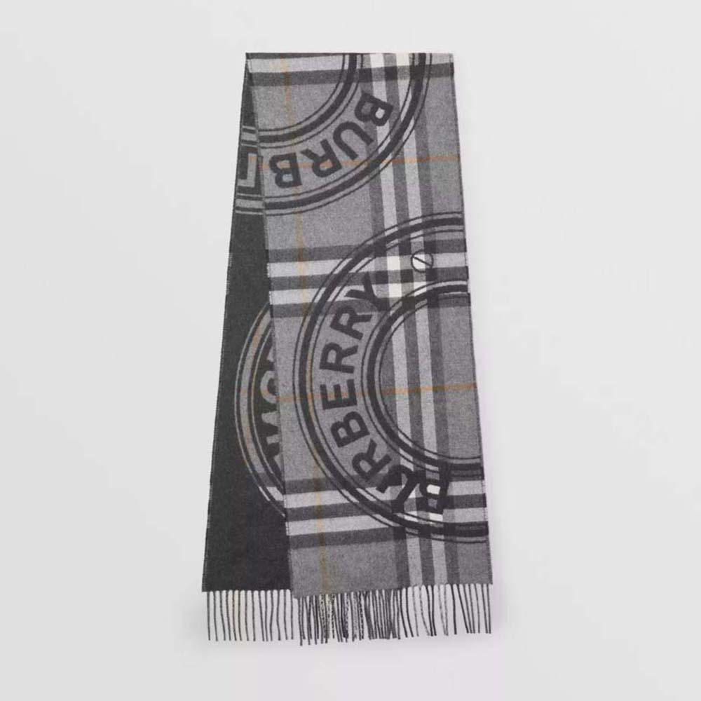 Front view of Burberry Women Montage Print Check Cashmere Scarf-Silver draped