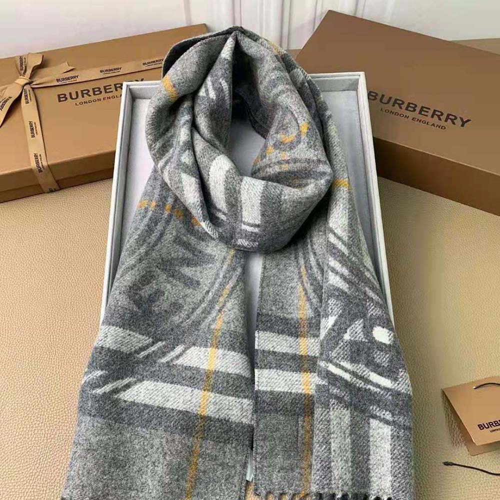 Close-up detail of silver check pattern on Burberry Women Montage Print Cashmere Scarf