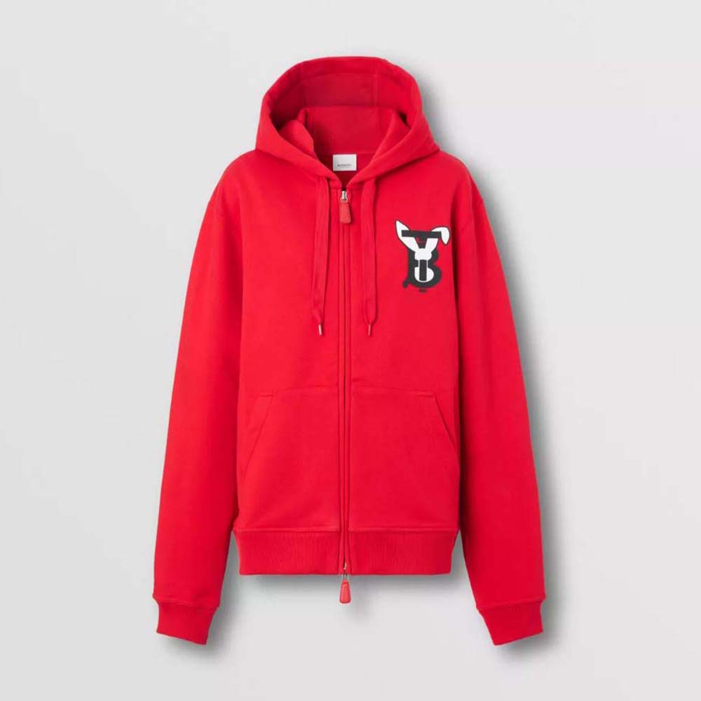 Front view of Burberry Men Rabbit Print Cotton Hooded Top-Red with visible rabbit graphic