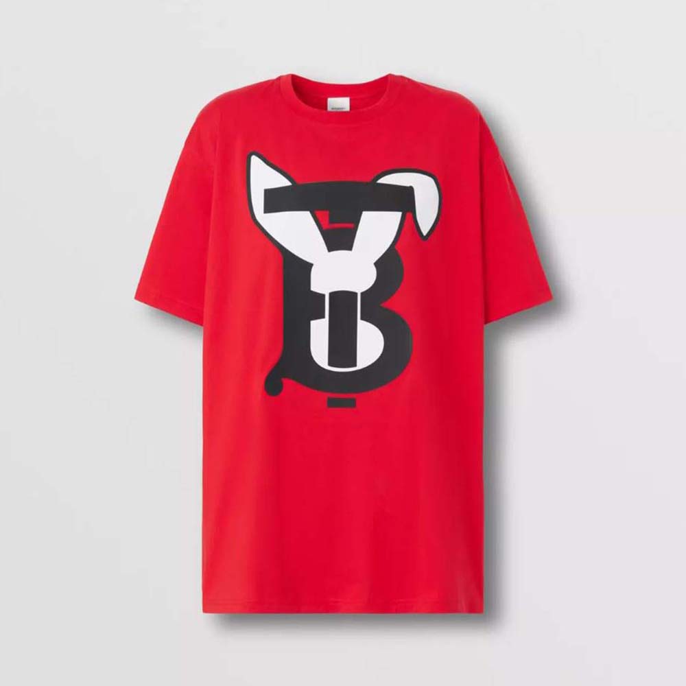 Front view of Burberry Men Rabbit Print Cotton Oversized T-shirt-Red showing full print