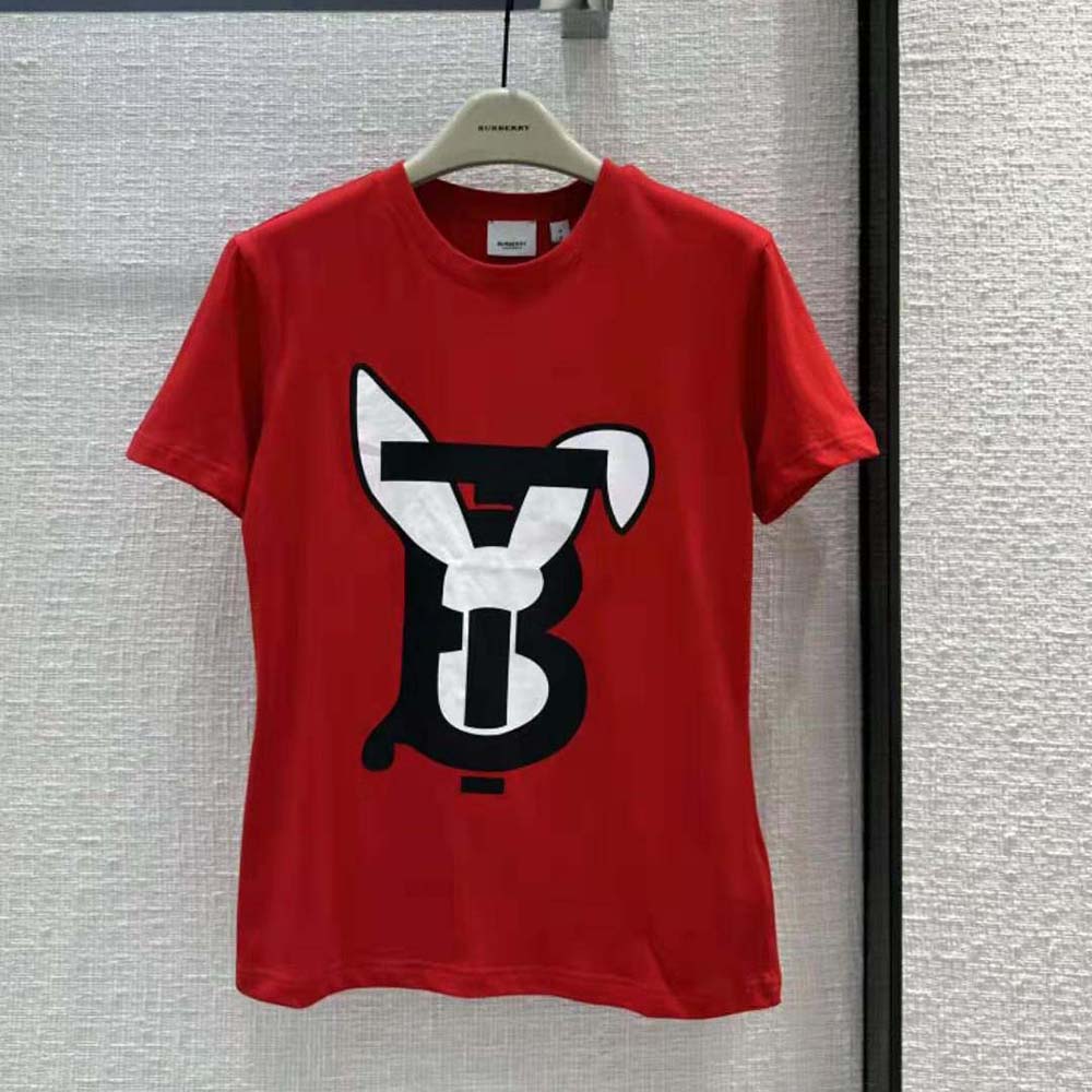 Close-up of rabbit print detail on Burberry Men Rabbit Print Cotton Oversized T-shirt-Red