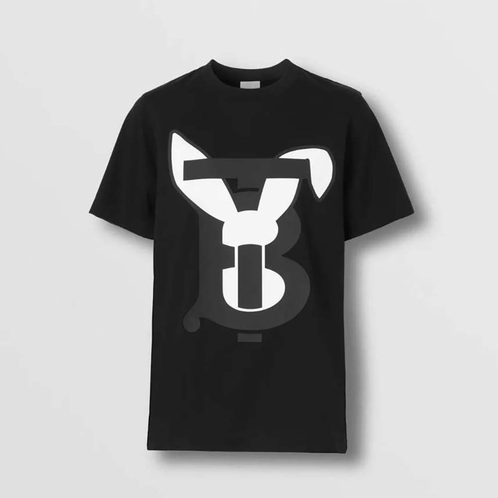 Front view of Burberry Men Rabbit Print Cotton T-shirt-Black with visible rabbit graphic