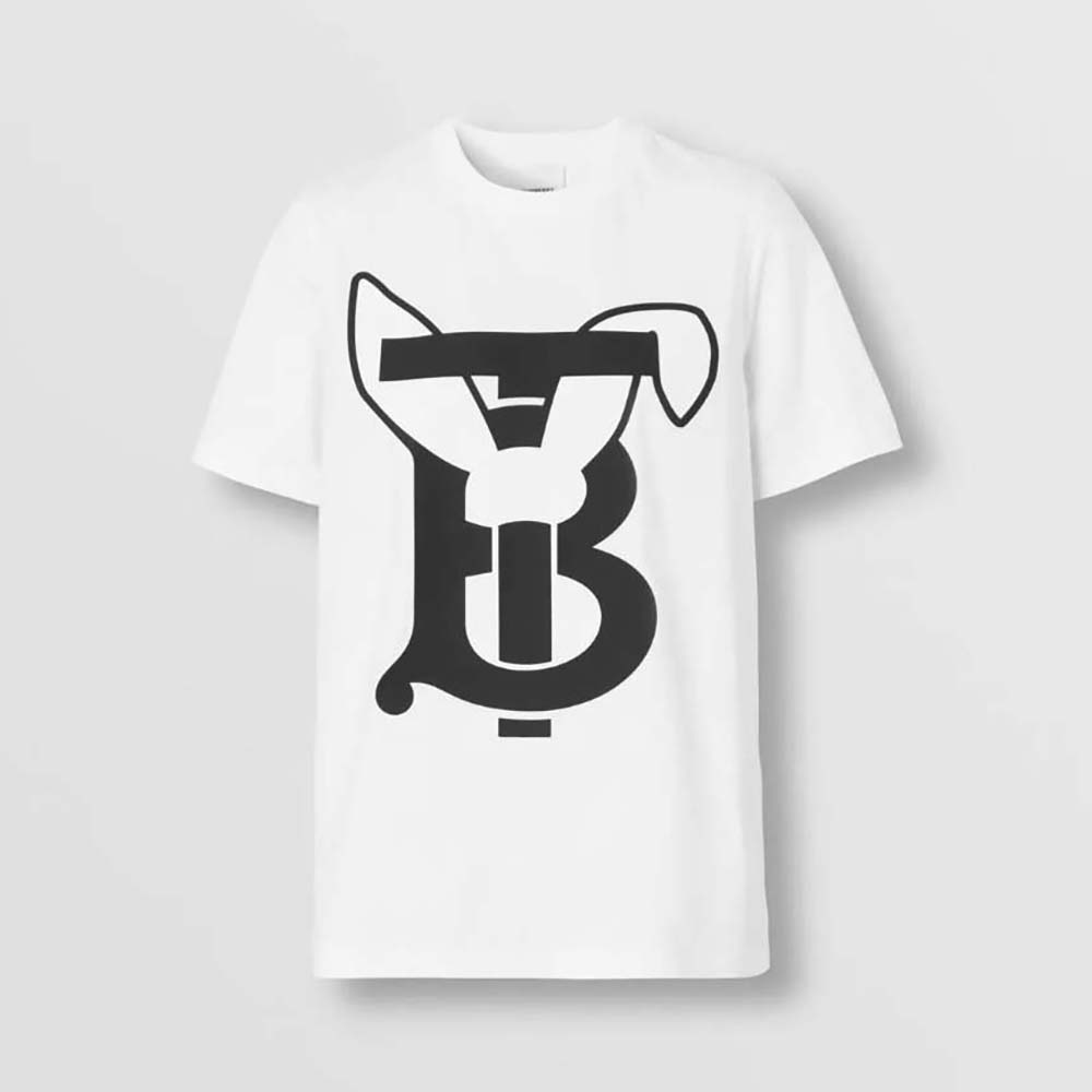 Front view of Burberry Men Rabbit Print Cotton T-shirt-White showing rabbit graphic