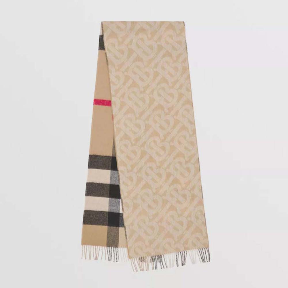 Front view of Burberry Women Reversible Check and Monogram Cashmere Scarf-Brown