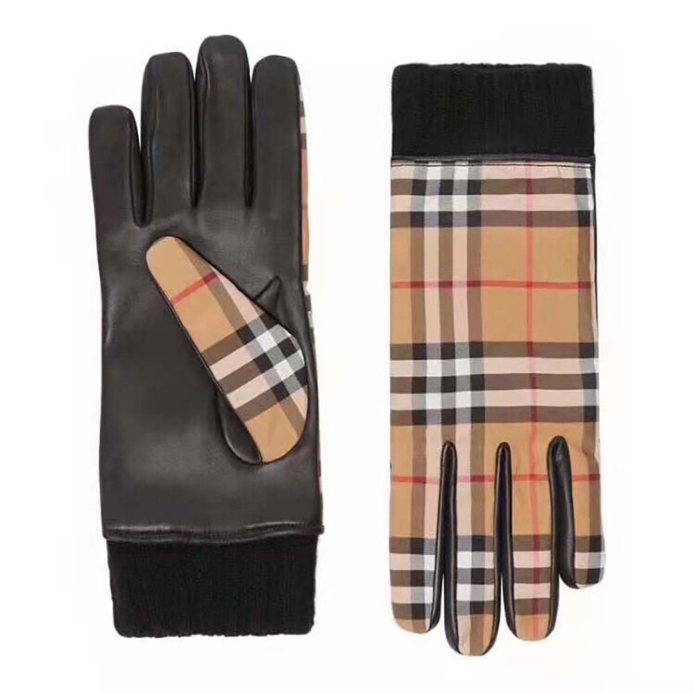 Front view of Burberry Women Vintage Check Bouclé and Leather Gloves-Beige