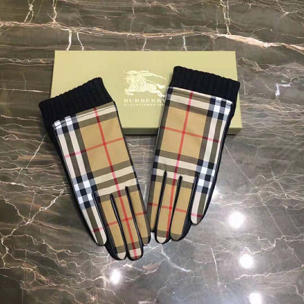 Close-up on Burberry vintage check detail on gloves’ cuff